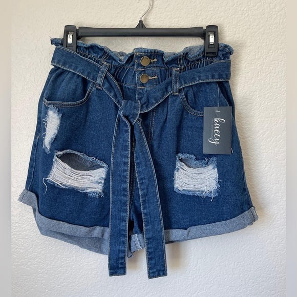 BIN#11 - DENIM BLVD High Waisted Paper Bag Shorts - Picture 1 of 4